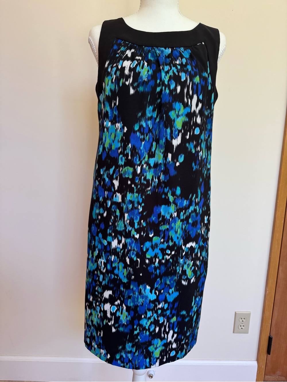 AB Studio Black Sleeveless Midi Dress with Blue & Teal Print